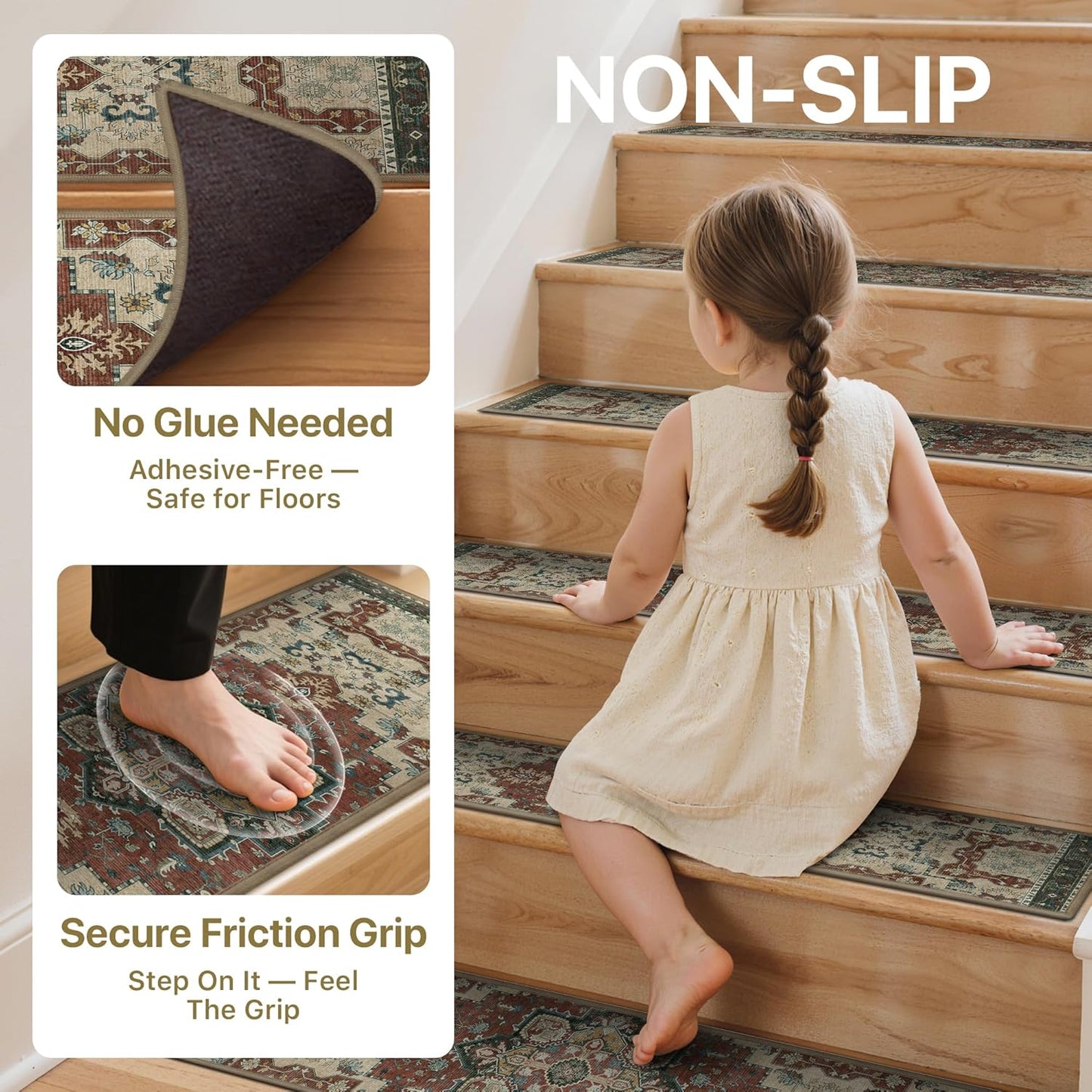 sarben Non Slip Stair Treads for Wooden Steps 15PCS - 8"x30" Indoor Safety Carpet, Edging Mats with TPE Adhesive Backing, Pet and Elderly Friendly Stair Rugs (Taupe) - Colors A