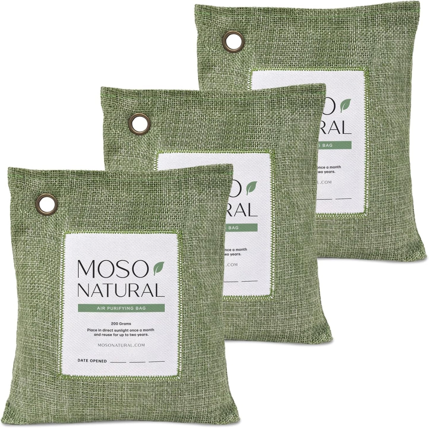 Moso Natural Air Purifying Bag 200g (3 Pack) Charcoal Odor Absorber, Car Odor Eliminator & Closet Deodorizer for Home & Pet, Lasts 2 Years, Unscented Bamboo Charcoal Bags, HGTV Editors' Pick (Green)