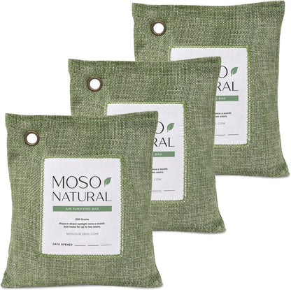Moso Natural Air Purifying Bag 200g (3 Pack) Charcoal Odor Absorber, Car Odor Eliminator & Closet Deodorizer for Home & Pet, Lasts 2 Years, Unscented Bamboo Charcoal Bags, HGTV Editors' Pick (Green)