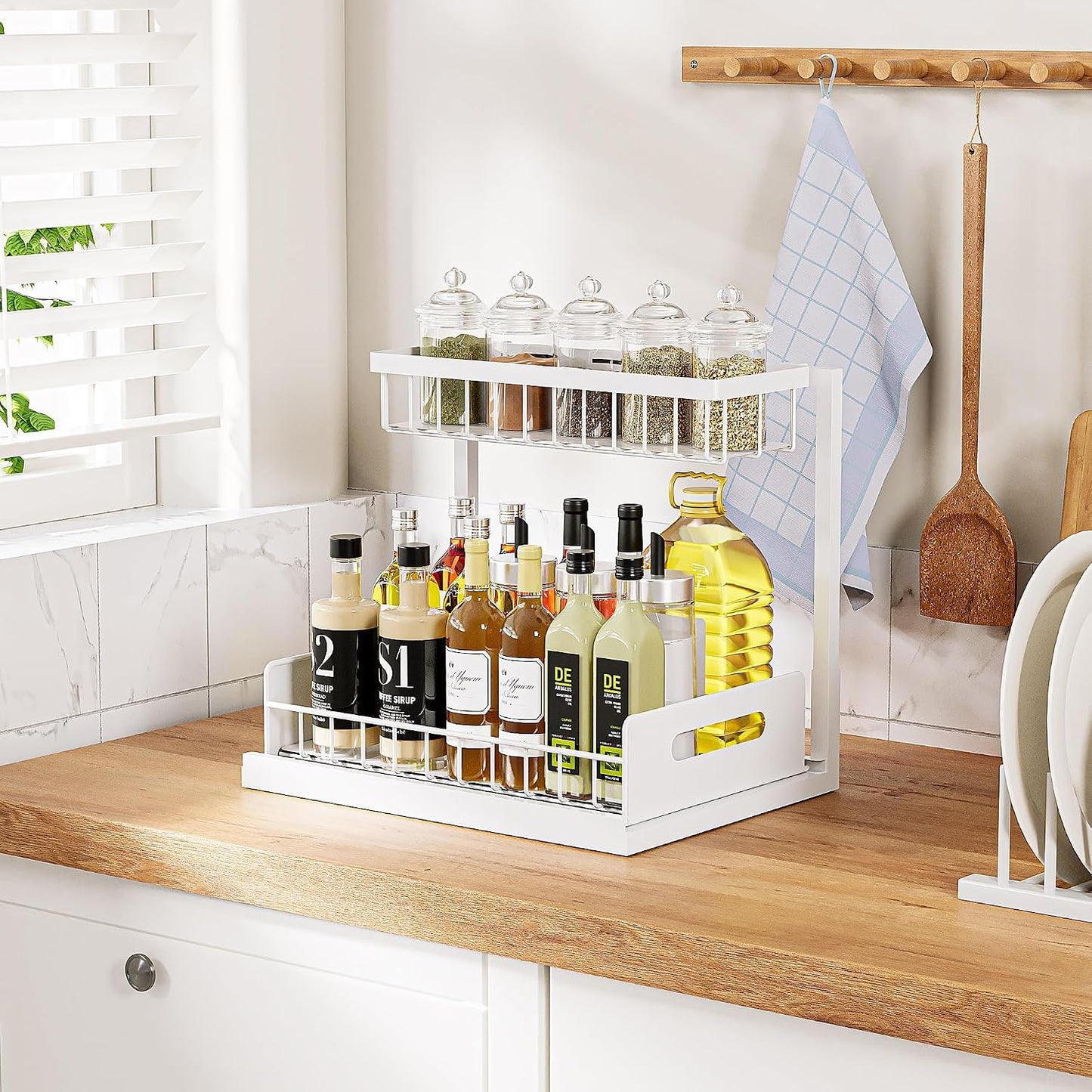 Under Sink Organizer and Storage 2 Pack, Slide Out Cabinet Organizer, Pull Out Sink Shelf for Kitchen Bathroom Laundry, White