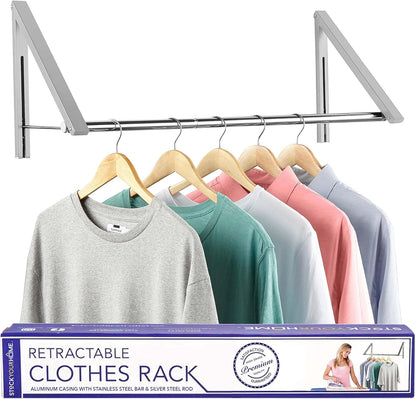 Double Foldable Clothing Rack w/ Extension Rod, Wall-Mounted Retractable Clothes Hanger for Laundry Dryer Room, Hanging Drying Rod, Small Collapsible Folding Garment Racks, Dorm Accessories (Black)