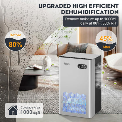 ToLife Dehumidifier for Home 95 OZ Water Tank, 1000 sq.ft Dehumidifiers for Basement Bedroom Bathroom with Auto Shut Off 7 Colors LED Light, Grey