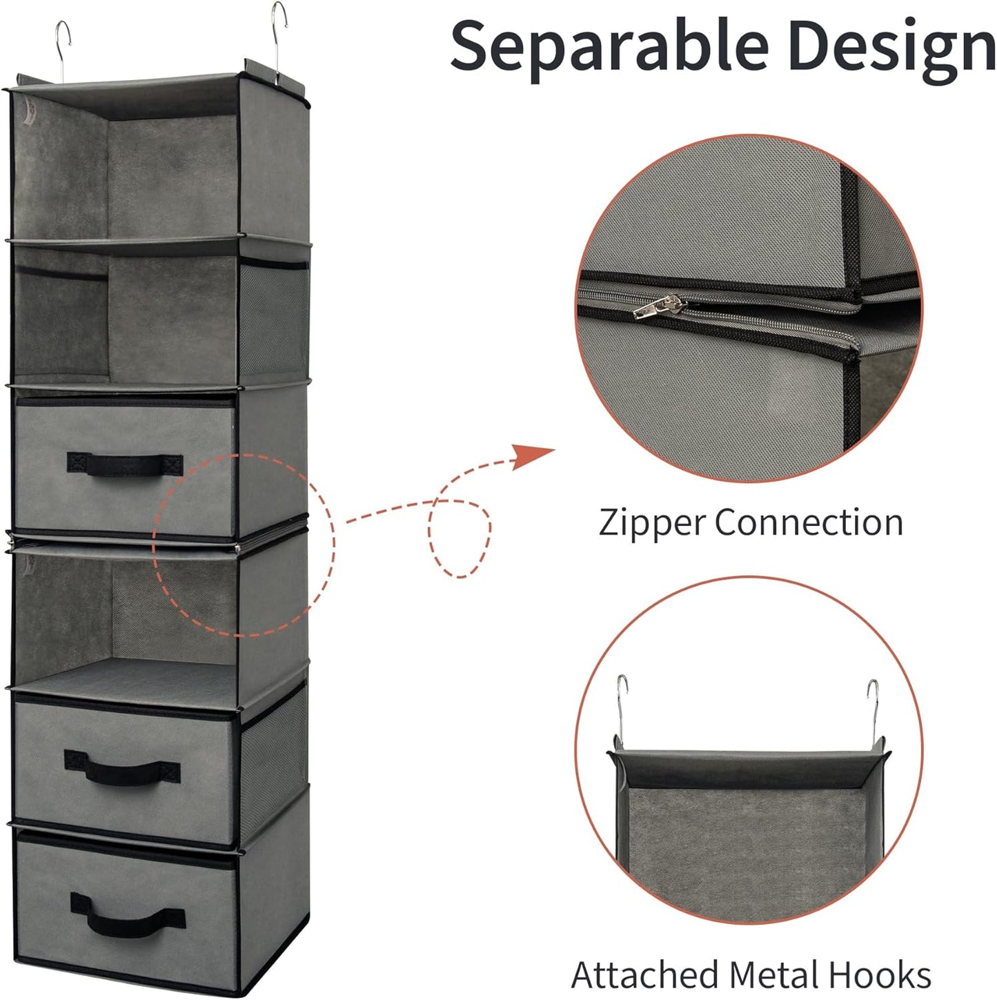 GRANNY SAYS Hanging Closet Organizer 6 Shelves, Closet Organizers and Storage with 5 Drawers, 6 Side Pockets Closet Hanging Organizer, Hanging Storage Organizer for Closet, Baby Clothes, Gray