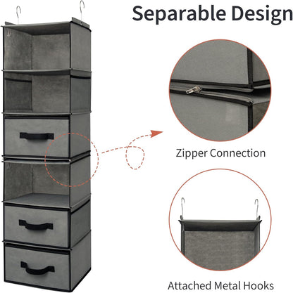 GRANNY SAYS Hanging Closet Organizer 6 Shelves, Closet Organizers and Storage with 5 Drawers, 6 Side Pockets Closet Hanging Organizer, Hanging Storage Organizer for Closet, Baby Clothes, Gray