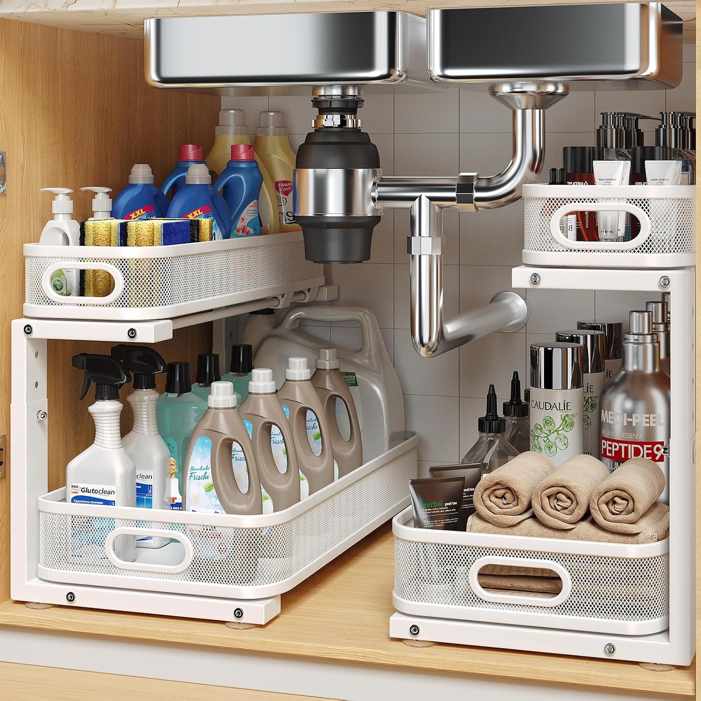 2 Pack Under Sink Organizer With Smooth Cylindrical Rail,2-Tier Pull Out Multi-Purpose Cabinet Storage for Bathroom&Kitchen,Height Adjustable,Rust-resistant Coating-White