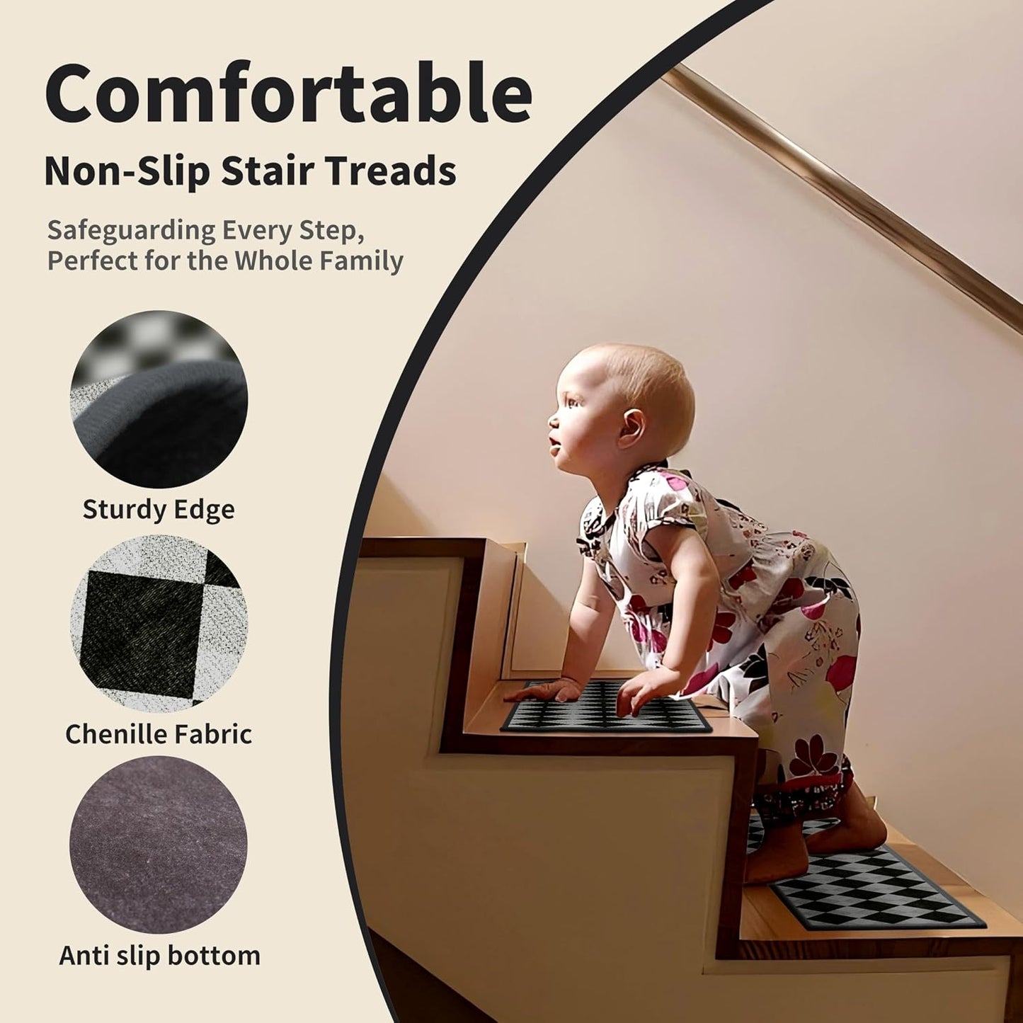 Non-Slip Carpet Stair Treads 15PCS, 8"x30" Peel and Stick Stair Runner for Wooden Steps Indoor, Washable Reusable Adhesive Backing, Pet-Friendly Safety Mats for Kids, Elders, Dogs