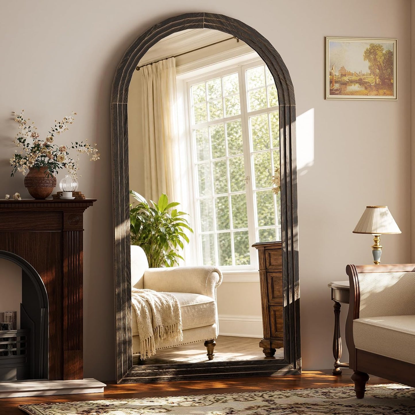 XRAMFY Full Length Mirror 65" x 22", Arched Large Floor Mirror with Solid Wood Frame, Freestanding & Wall Mounted, Antique Brown Finish for Bedroom Living Room