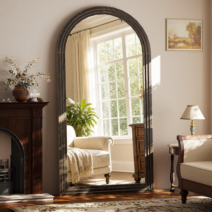 XRAMFY Full Length Mirror 65" x 22", Arched Large Floor Mirror with Solid Wood Frame, Freestanding & Wall Mounted, Antique Brown Finish for Bedroom Living Room