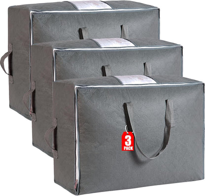 105L Extra Large Storage Bags for Blankets, King Comforters, Bedding, Clothes, Pillows, Sheets - Closet Organizers and Storage with 4 Handles & Clear Window, Foldable & Breathable (Grey, 3pack)