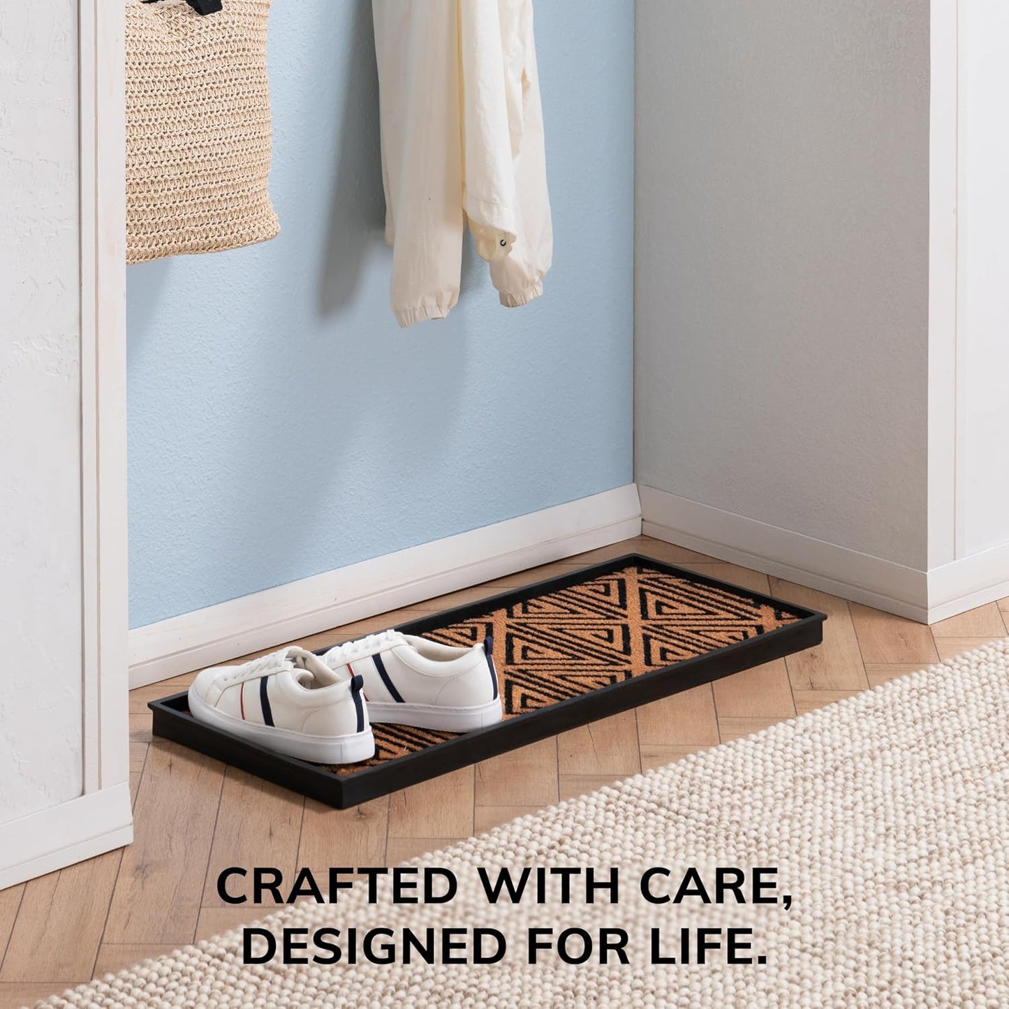 Anji Mountain Heavy Duty Waterproof Rubber Shoe Storage Mat Organizer/Boot Storage Tray Multi Use for Entryway with Coir, Tan Insert, Fits 4 Pair (46.5" Wide)