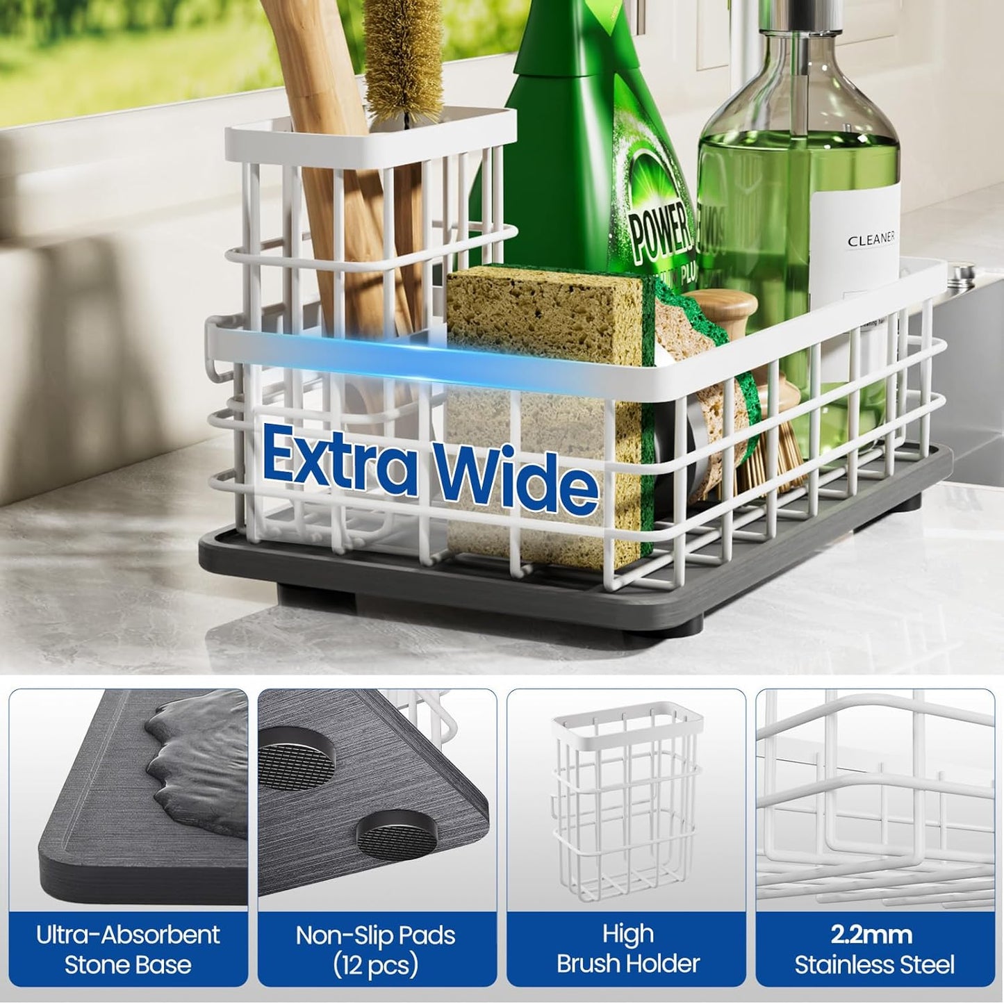 Extra Large Kitchen Sink Caddy Organizer, Stainless Steel Sponge Holder for Kitchen Sink with Brush Holder, Diatomite Stone Sink Tray for Soap Dispenser, Sponge, Kitchen Essentials and Gadgets, Black