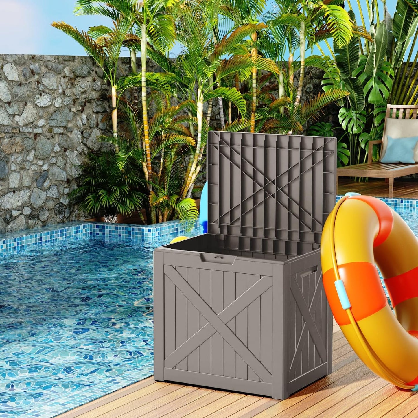320 Gallon Waterproof Outdoor Storage Box, UV Resistant Resin Deck Box with Hydraulic Rod for Reinforced Stability, Perfect for Patio, Garden, and Pool（Black，320 Gallon）