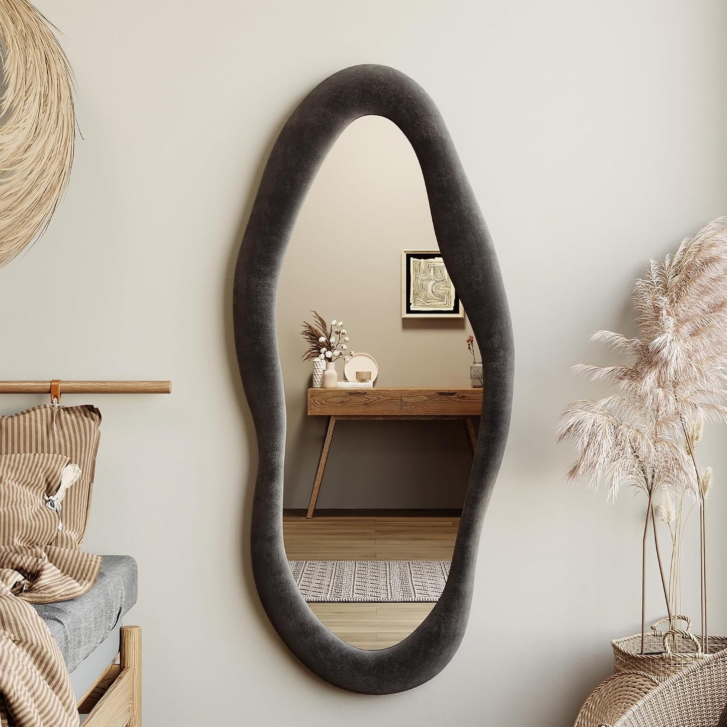 Honyee Full Length Mirror, 63" x 24" Wall Mirror, Flannel Wrapped Wooden Frame Floor Mirror, Irregular Wavy Mirror Hanging or Leaning Against Wall for Cloakroom/Bedroom/Living Room, Milk Tea