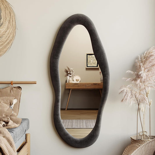 Honyee Full Length Mirror, 63" x 24" Wall Mirror, Flannel Wrapped Wooden Frame Floor Mirror, Irregular Wavy Mirror Hanging or Leaning Against Wall for Cloakroom/Bedroom/Living Room, Milk Tea