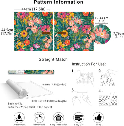 HAOKHOME Peel and Stick Wallpaper Floral Renter Friendly Wall Paper Green/Purple/Pink for Bathroom Kitchen Contact Paper 17.3in x 9.8ft