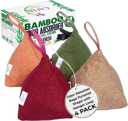 4 Pack Bamboo Charcoal Air Purifier Bags 200 Grams Each - Activated Charcoal Odor Absorber for Car, Pets & Closet - Natural Freshener for Home, Eco-Friendly & Reusable Charcoal Bags (Fall Colors)