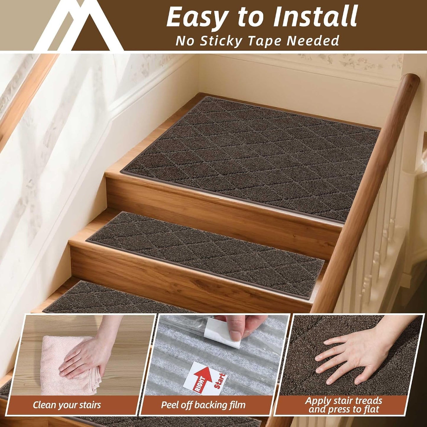 COSY HOMEER Edging Stair Treads Non-Slip Carpet Mat 28inX9in Indoor Stair Runners for Wooden Steps, Edging Stair Rugs for Kids and Dogs, 100% Polyester TPE Backing(4pc, Beige)