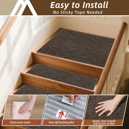 COSY HOMEER Edging Stair Treads Non-Slip Carpet Mat 28inX9in Indoor Stair Runners for Wooden Steps, Edging Stair Rugs for Kids and Dogs, 100% Polyester TPE Backing(4pc, Beige)