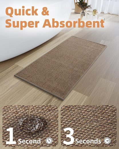 PADOOR Non-Slip Bath Mat With Rubber-Backing, Braided Absorbent Machine Washable Thin Rug for Bathroom Floor, Quick Dry, Fits Under Door, 17''x24'' Beige