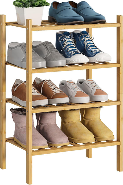 BMOSU 2-Tier Bamboo Small Shoe Rack Premium Stackable Shoe Shelf Storage Organizer for Hallway Closet Living Room Entryway Organizer (Black Bamboo)