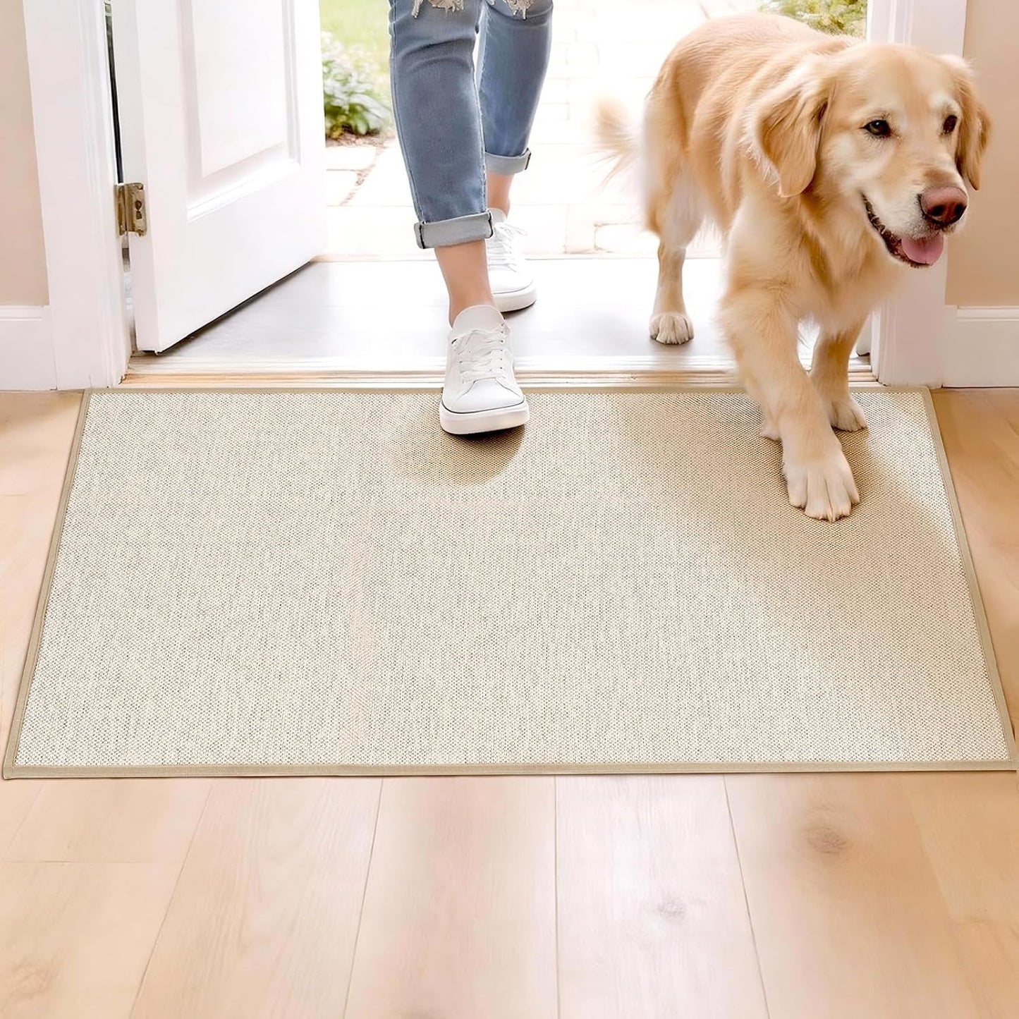 Door Mat 30"x17", Non Slip Washable Door Mat Indoor Entrance, Low Profile Absorbent Entry Rug for Front Door, Entryway, Inside Entrance, Rubber Backing Dirt Trapper Indoor Mat, Khaki