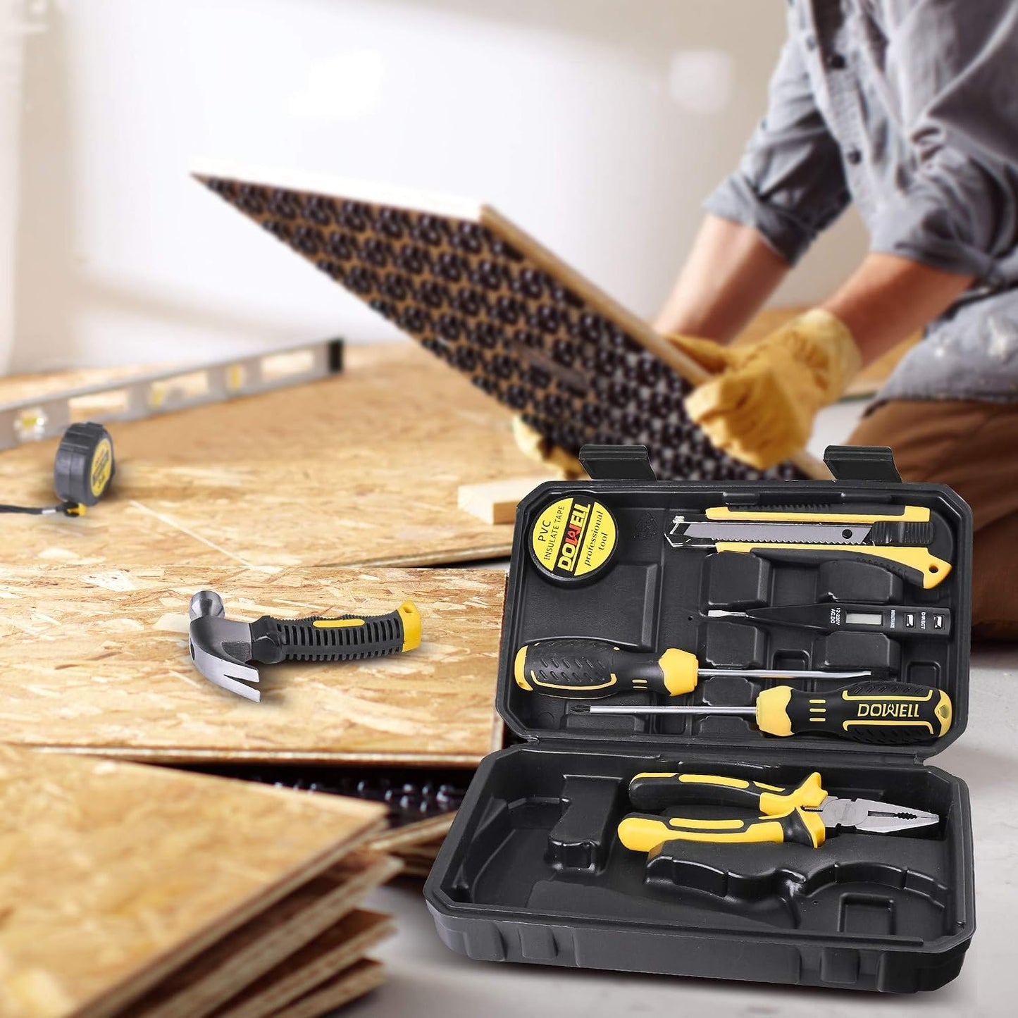 DOWELL Small Homeowner Tool Set 9 Pieces General Household Small Hand Tool Kit with Plastic Tool Box Storage Case