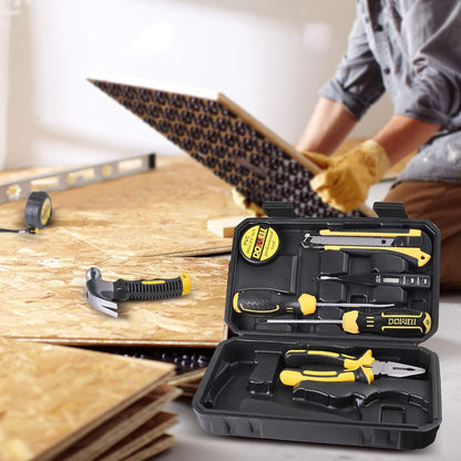 DOWELL Small Homeowner Tool Set 9 Pieces General Household Small Hand Tool Kit with Plastic Tool Box Storage Case