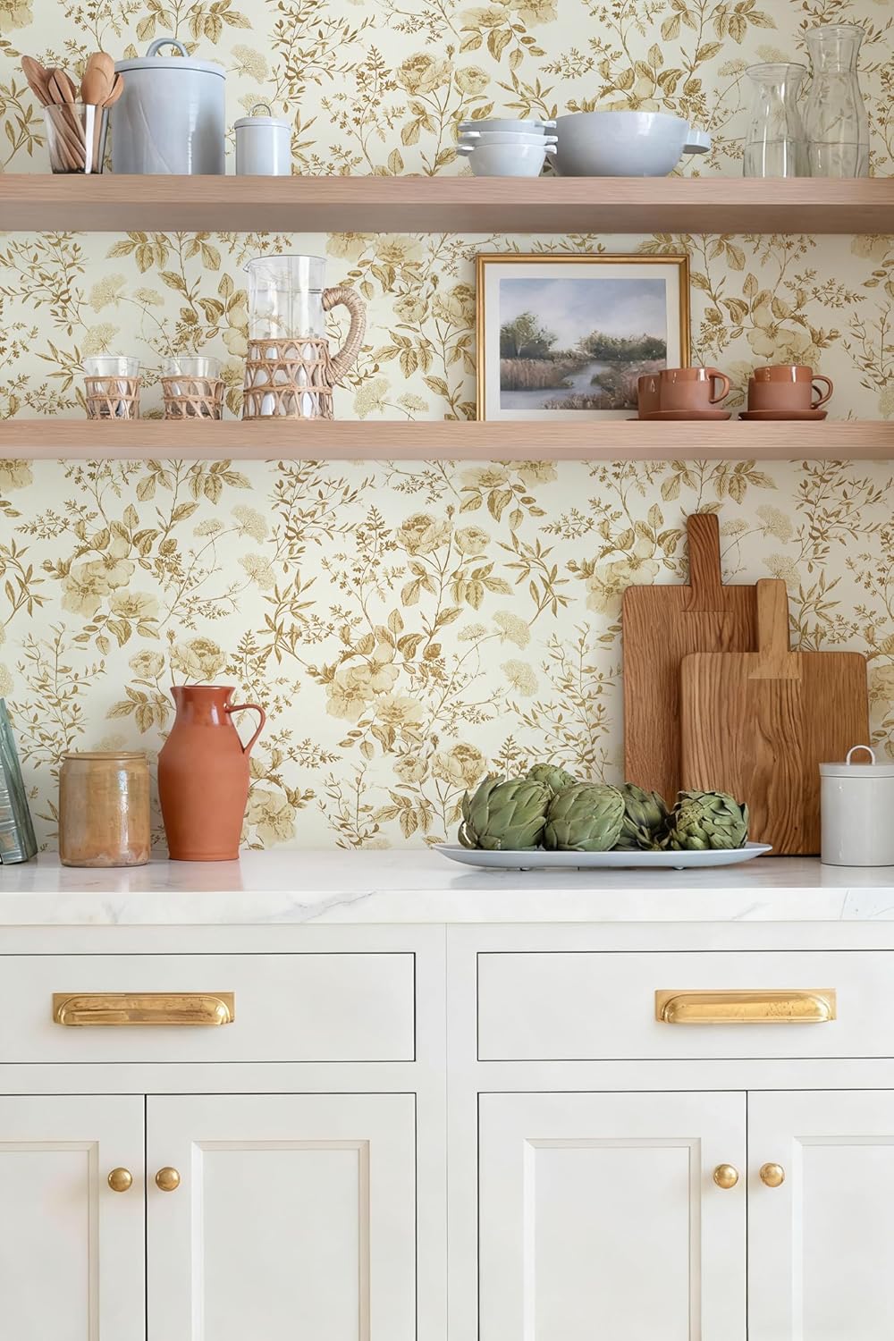 Erfoni 16.9" x118" Boho Floral Peel and Stick Wallpaper Beige Flower and Leaf Contact Paper Self Adhsive Removable Wallpaper Boho Botanical Wall Paper for Bedroom Cabinets Decor Vinyl Roll Waterproof