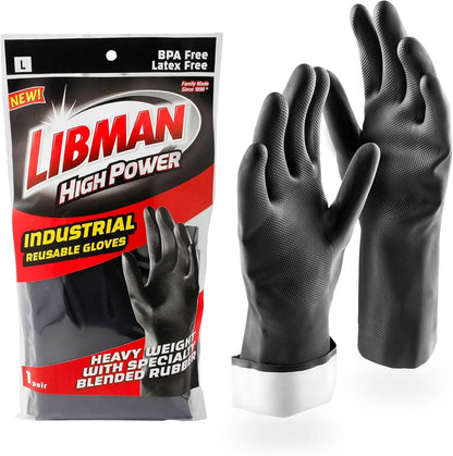 Tribello LIBMAN Heavy Duty Black Rubber Gloves - Chemical Resistant Glove - Reusable Mechanics Grip Gloves - Industrial, Cleaning, Dishwashing