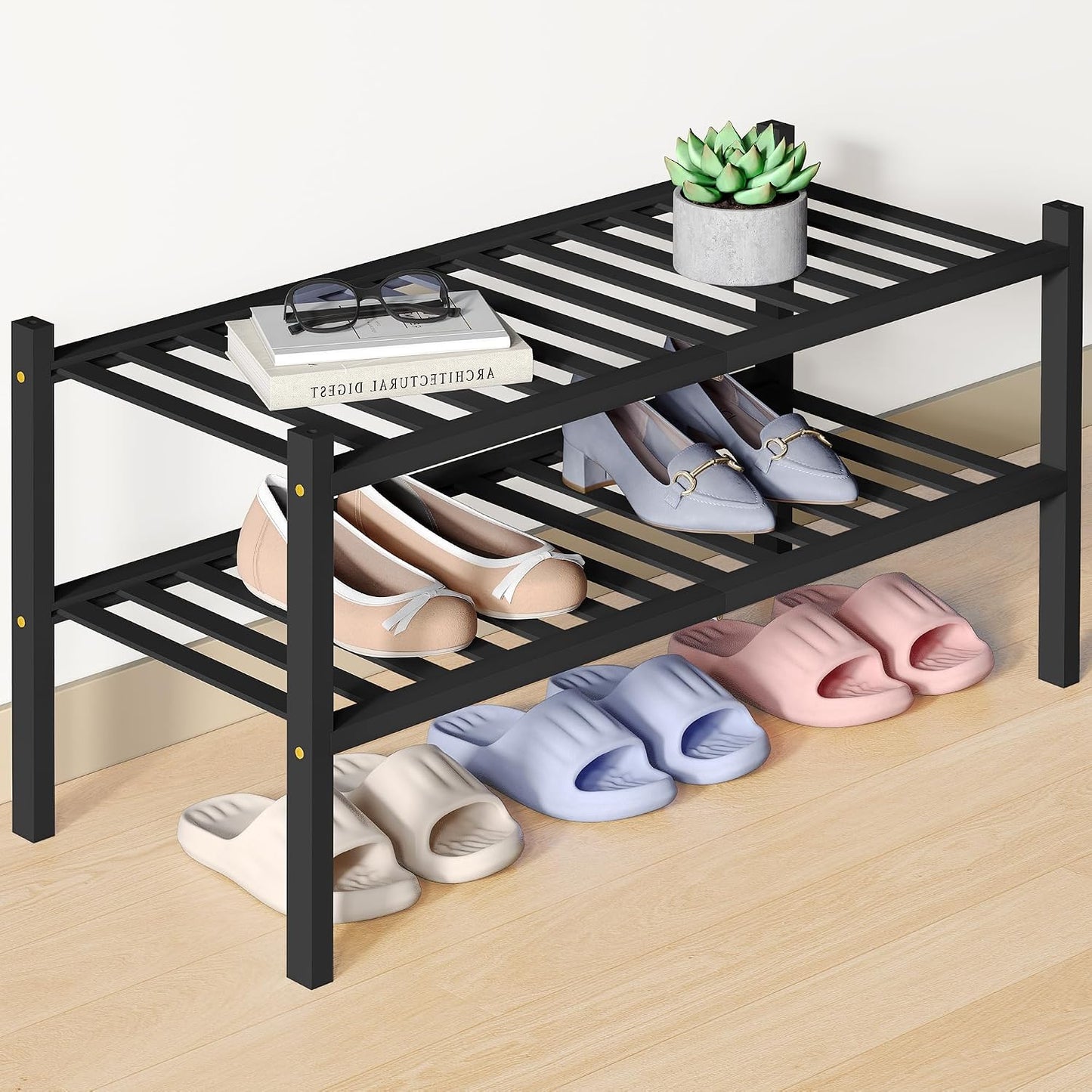 Smiry Bamboo Shoe Rack for Closet, 3 Tier Wooden Shoe Organizer, Stackable Wood Shoe Storage Shelf for Entryway, 14 Vertical Slats, One-piece Heavy-Duty Legs, 26.77"x11.02"x18.31", Natural