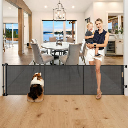 Reinforced 28-Inch Tall Retractable Baby Gates for Doorways, Walk Through Pet Gate for Stairs, Short Baby Gate with Support Rods, 55 Inch Wide Mesh Gate Retractable Gate Small Dog Gate, Gray