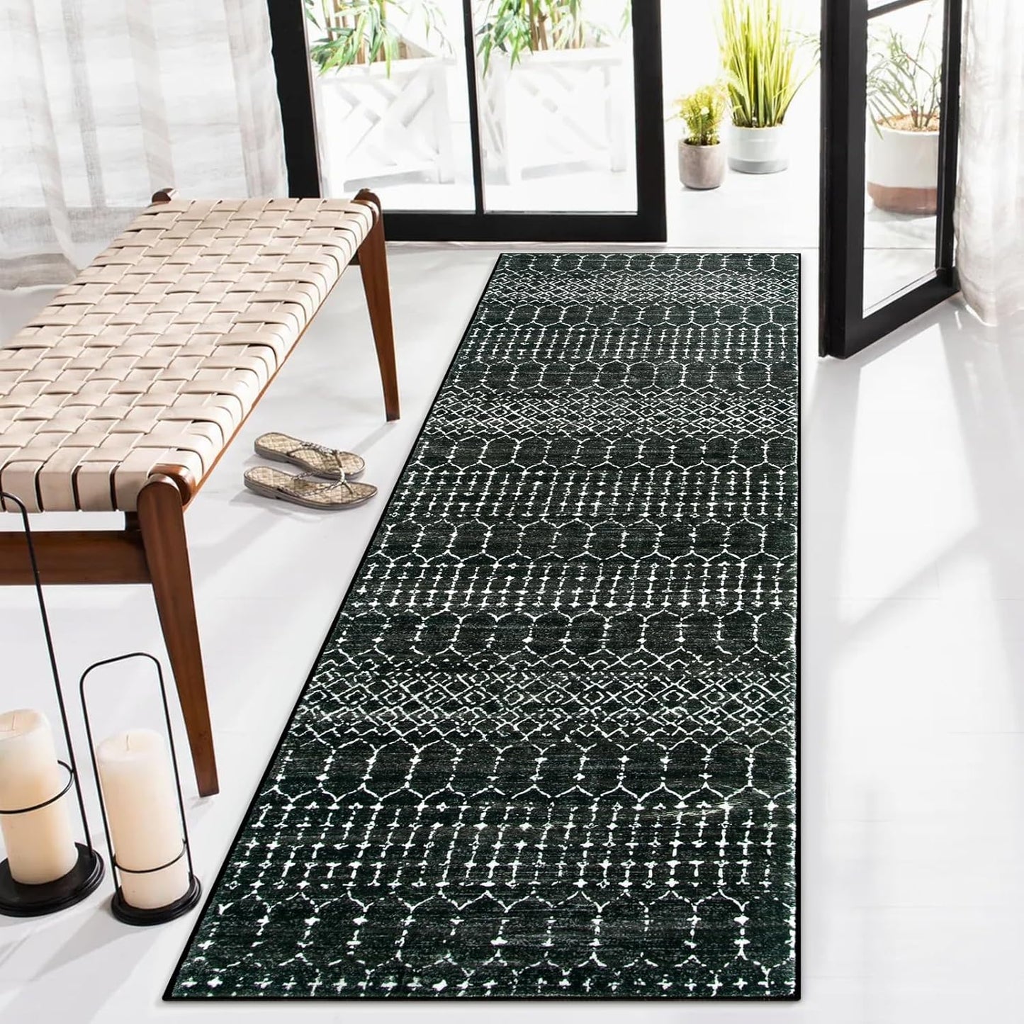 Lahome Moroccan Entry Rug 2x3, Non-Slip Washable Front Indoor Door Mat Rubber Backing Low-Profile Door Rugs, Small Geometric Print Distressed for Entryway Bathroom Kitchen, Black Hana