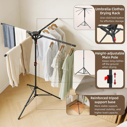 Clothes Drying Rack Foldable, Laundry Drying Rack Collapsible Space-Saving Tripod Clothing Drying Stand for Indoor/Outdoor with Folding Button, Height Adjustable