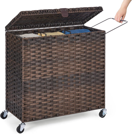 Wicker Laundry Hamper with Wheels and Lid, 3 Section Laundry Hamper with 3 Removable Liner Bags, 130L Laundry Basket with Metal Side Handles & 4 Mesh Laundry Bags, Rolling Clothes Hamper