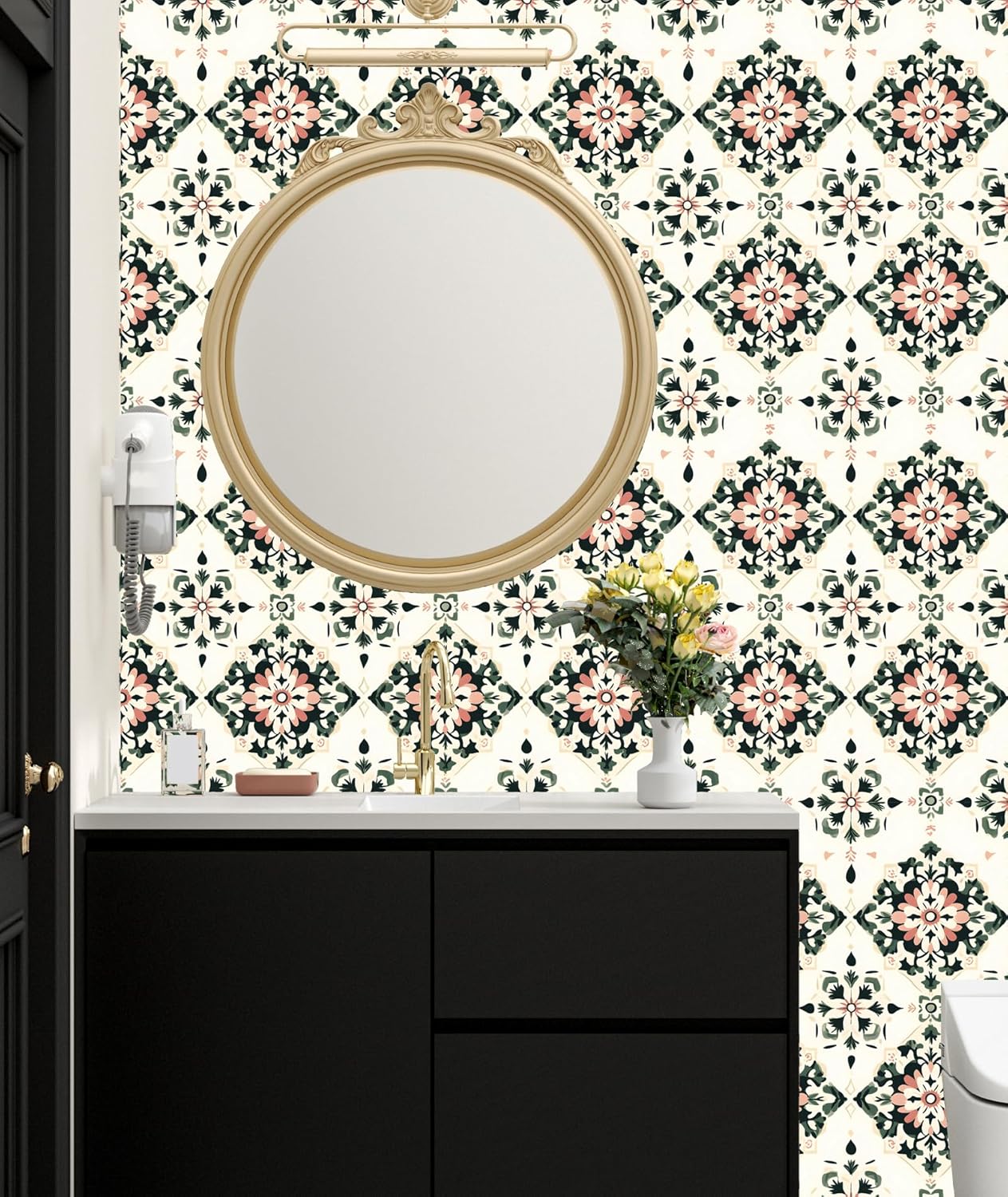 BOKEBEVE Leaves Contact Paper Floral Wallpaper Stick and Peel Boho Damask Wall Paper for Liner Drawer Cabinet Backsplash Renter Friendly Waterproof 17.5 x 118In