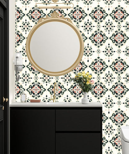 BOKEBEVE Leaves Contact Paper Floral Wallpaper Stick and Peel Boho Damask Wall Paper for Liner Drawer Cabinet Backsplash Renter Friendly Waterproof 17.5 x 118In