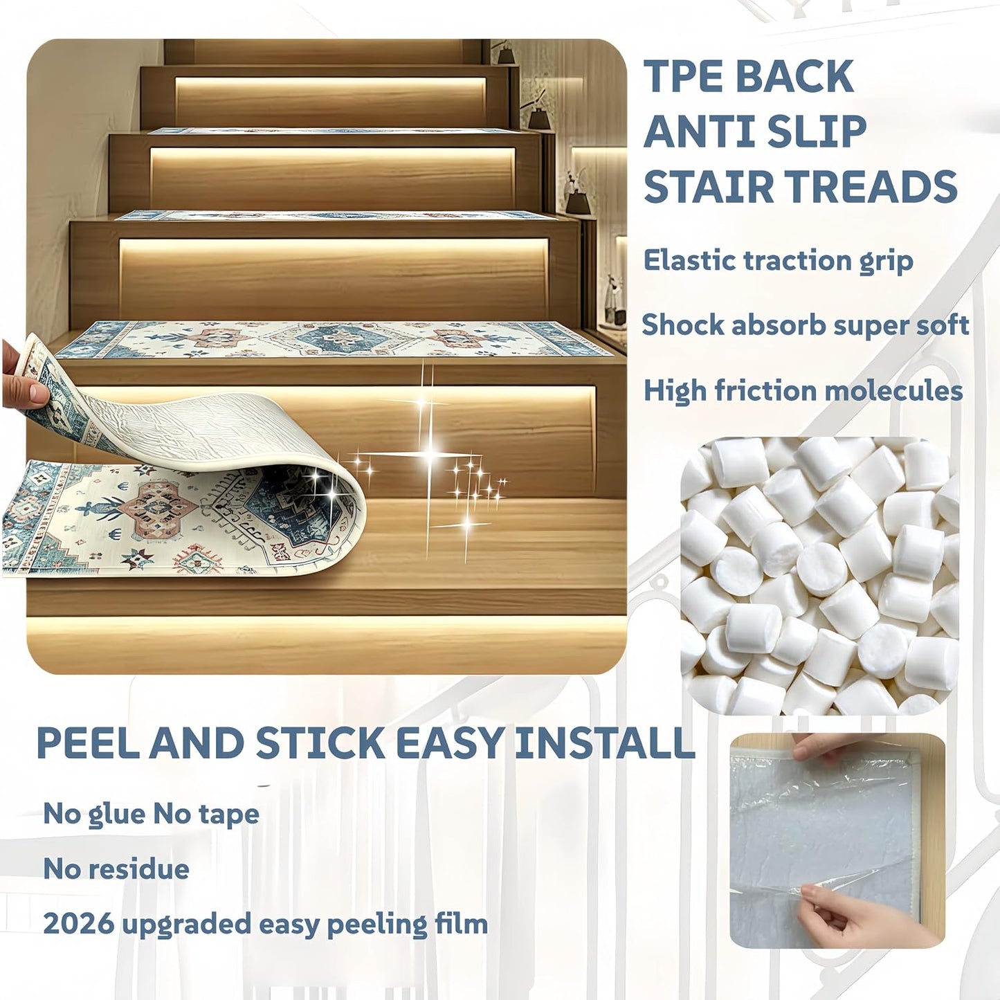 Stair Treads for Wooden Steps, Non Slip Stair Treads Carpet Indoor Residue Free Peel and Stick Washable Stair Covers, Safe for Dogs Kids Elders, Moroccan Beige, 8x30 inch, 1 Pack