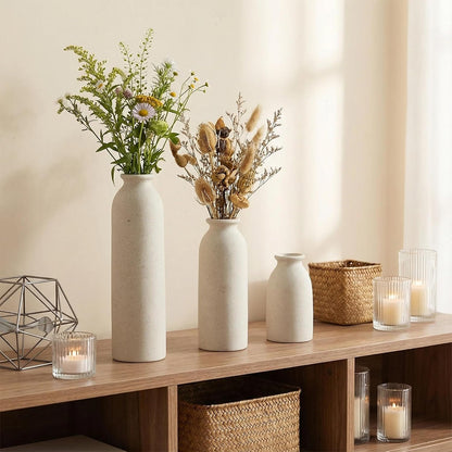 CEMABT Beige Ceramic vase Set-3 Small Flower vases for Decor,Modern Boho Farmhouse Home Decor,Decorative vase for Pampas Grass&Dried Flowers,idea Shelf,Table,Bookshelf ，Entryway- Distressed