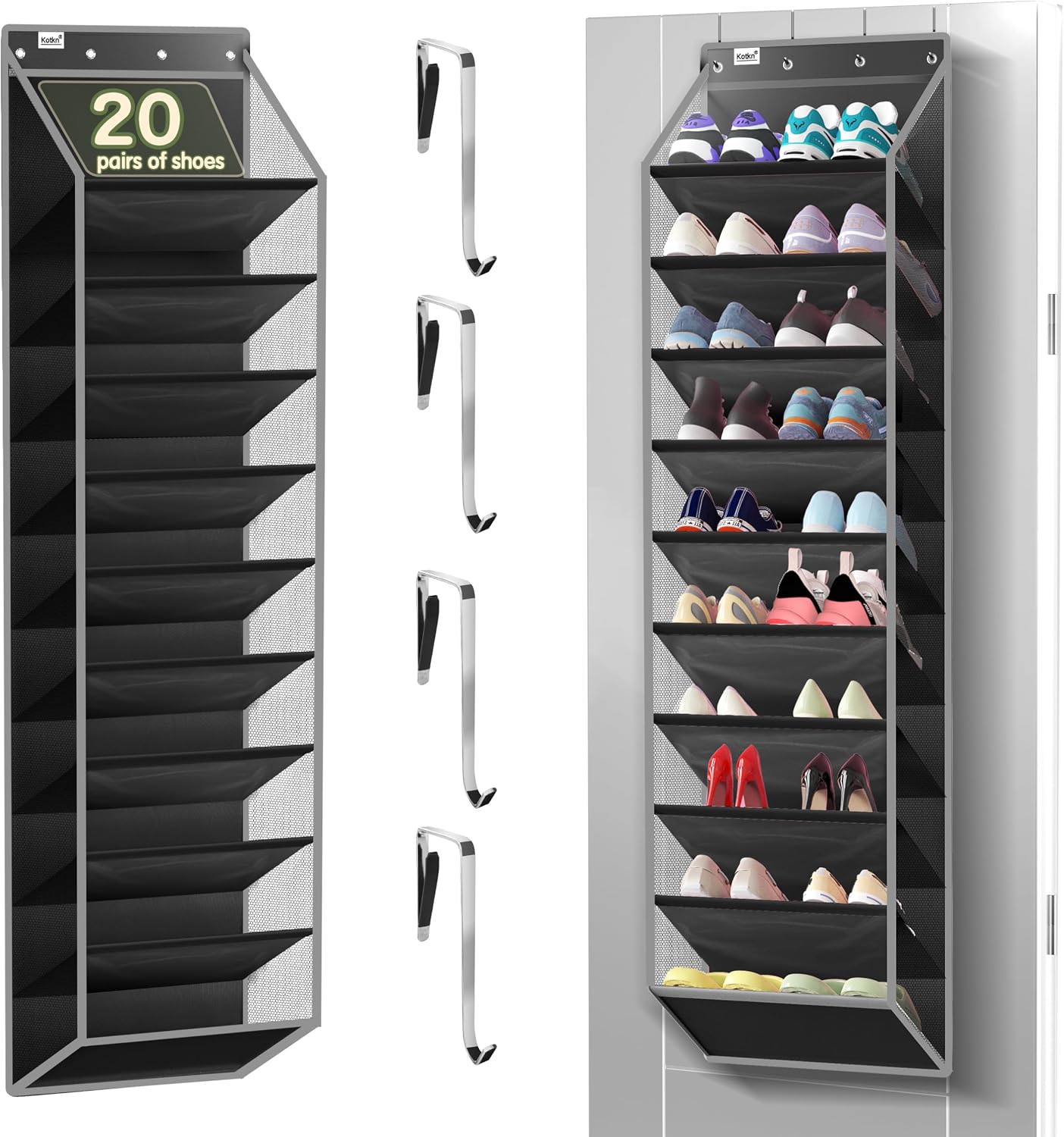 Kotkn 35 Compartment Over The Door Storage - Breathable Mesh Hanging Organizer with Large Pockets, Space Saving Design for Men & Women's Footwear, Closet, Bedroom （White）
