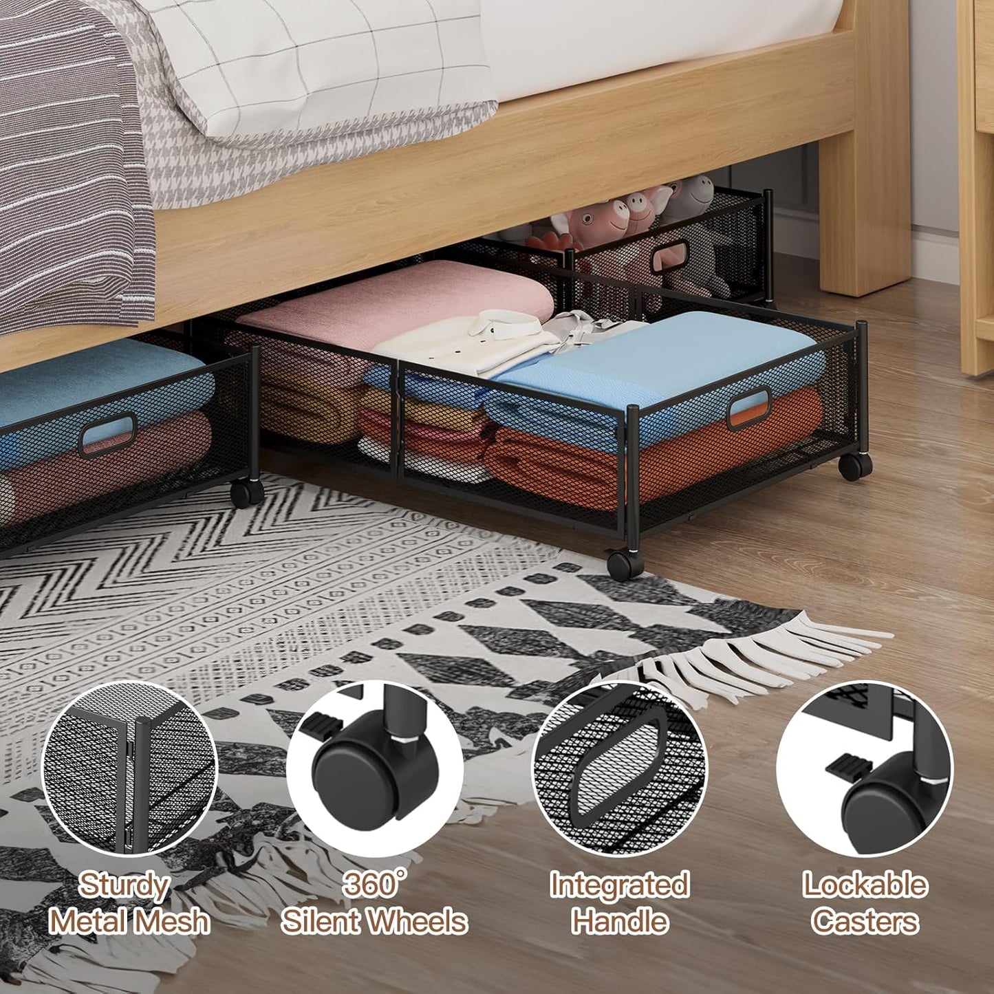Gawerk Under Bed Storage with Wheels, Foldable Metal Mesh Underbed Storage Container Bins, Tool-free Assembly Clothes Drawer Organizer,2Pack