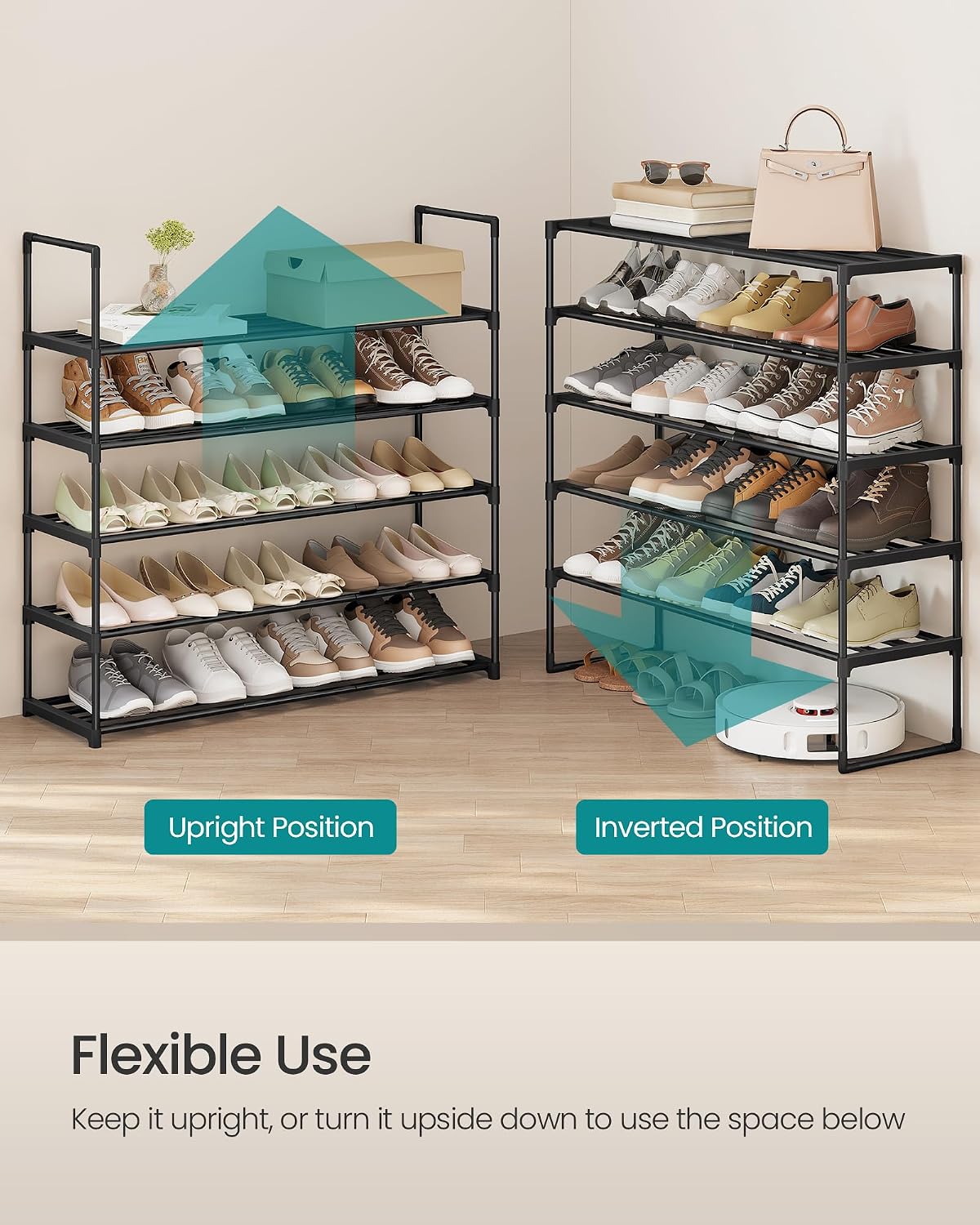 SONGMICS Shoe Rack, 6-Tier Shoe Organizer, Metal Storage Shelf, Upright or Upside Down, for 24-30 Pairs, Stackable, for Entryway, 11.8 x 36.2 x 42.7 Inches, Black ULSA306BH01