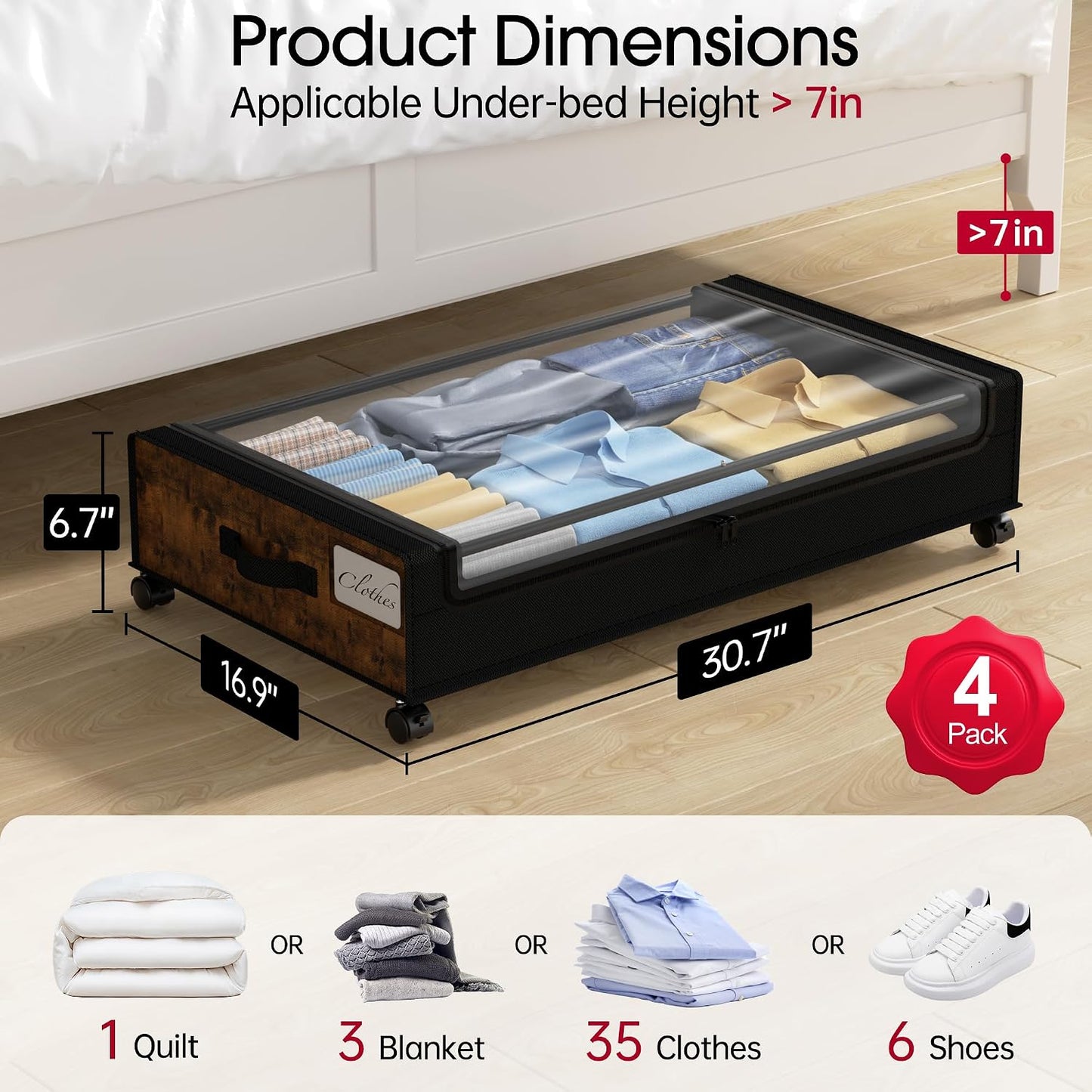 Yecaye Under Bed Storage with Wheels, 2 Pack Under Bed Storage Containers, 60L Underbed Shoe Storage with Clear Window & Label, Rolling Under Bed Metal Drawer for Clothes, Shoes, Books, Blankets