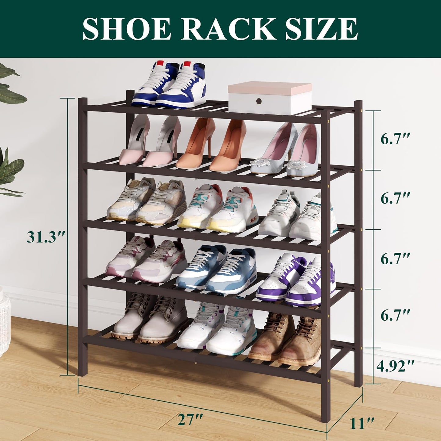 Smiry Bamboo Shoe Rack for Closet, 3 Tier Wooden Shoe Organizer, Stackable Wood Shoe Storage Shelf for Entryway, 14 Vertical Slats, One-piece Heavy-Duty Legs, 26.77"x11.02"x18.31", Natural