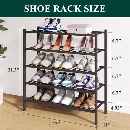 Smiry Bamboo Shoe Rack for Closet, 3 Tier Wooden Shoe Organizer, Stackable Wood Shoe Storage Shelf for Entryway, 14 Vertical Slats, One-piece Heavy-Duty Legs, 26.77"x11.02"x18.31", Natural