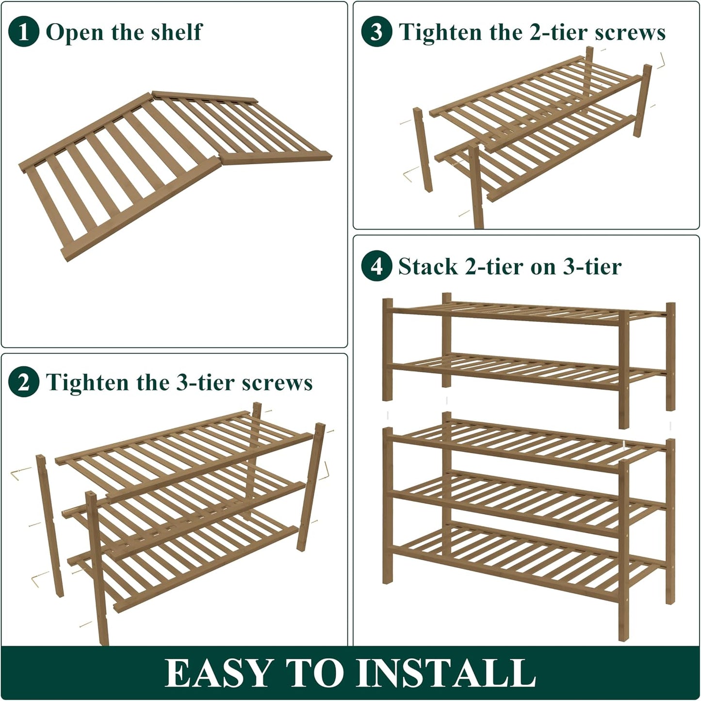Smiry Bamboo Shoe Rack for Closet, 3 Tier Wooden Shoe Organizer, Stackable Wood Shoe Storage Shelf for Entryway, 14 Vertical Slats, One-piece Heavy-Duty Legs, 26.77"x11.02"x18.31", Natural