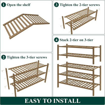 Smiry Bamboo Shoe Rack for Closet, 3 Tier Wooden Shoe Organizer, Stackable Wood Shoe Storage Shelf for Entryway, 14 Vertical Slats, One-piece Heavy-Duty Legs, 26.77"x11.02"x18.31", Natural