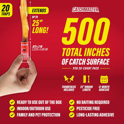 Catchmaster Fly Ribbon 20-Pack, Bug & Fly Traps Outdoor and Indoor, Premium Adhesive Sticky Strips & Gnat Hanging Strips, Bulk Flying Insect Paper Rolls, Pesticide-Free Home Pest Control
