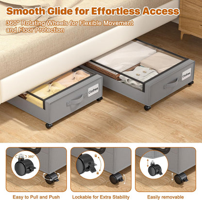 Under Bed Storage with Wheels,XXL 60L Under Bed Storage Containers with Clear Lids, Rolling Under Bed Metal Drawer for Clothes, Shoes,Toys(Gray, 2 Pack)