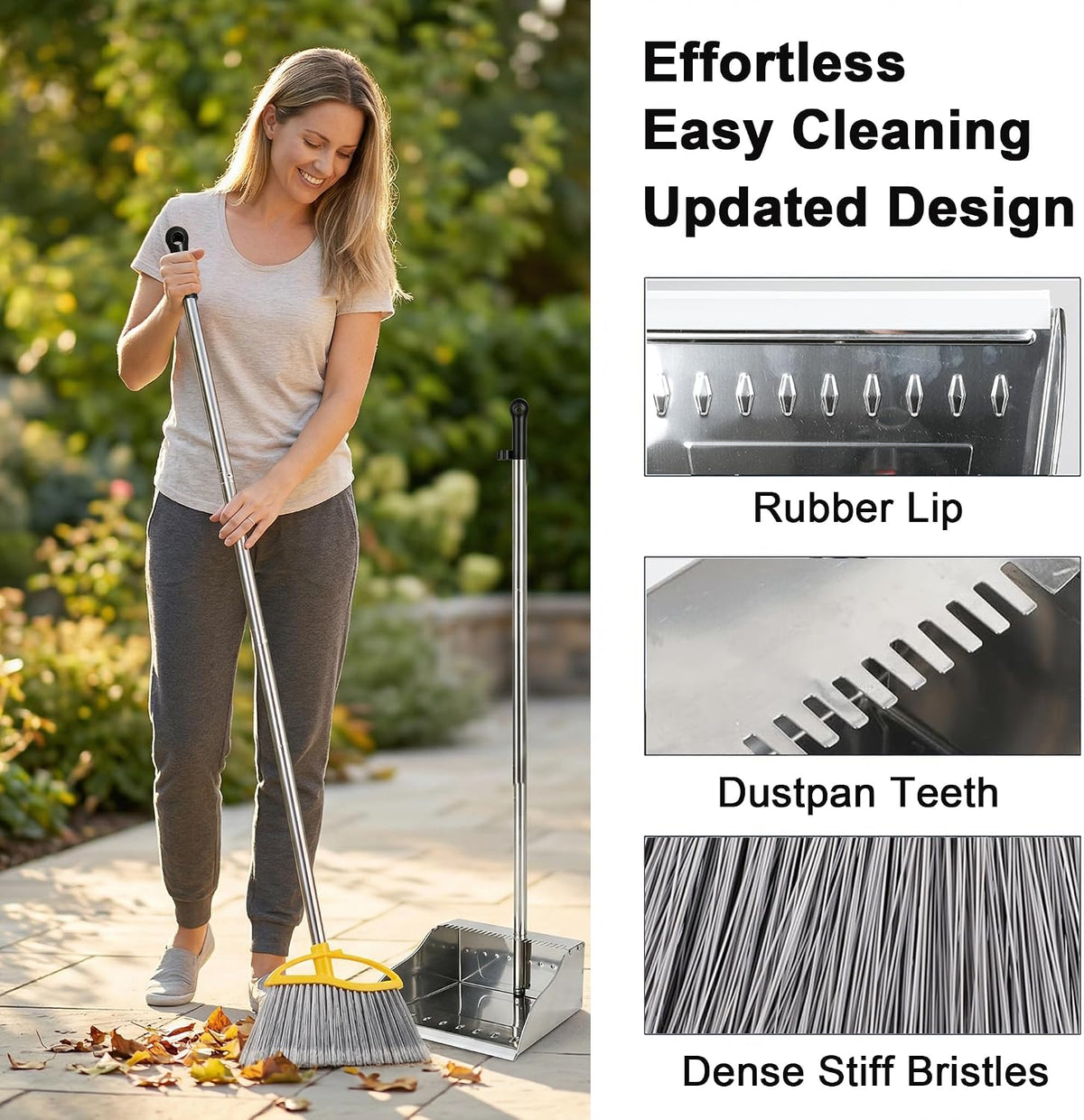Stainless Steel Dustpan with Outdoor Stiff Bristles Broom,Long Handle Metal Dust Pan and Heavy Duty Broom for Home,Lobby,Office
