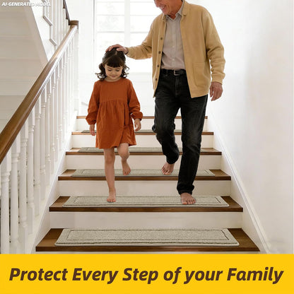 JSEI Stair Treads for Wooden Steps Indoor, 15-Pack Non Slip Stair Treads 30" x 8", Washable Polyester Stair Mats with TPE Backing, Low Profile Stair Rugs for Kids, Seniors and Dogs, Brown